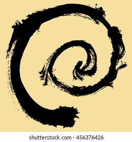 Black brush stroke in the form of a circle. Drawing created in ink sketch handmade technique. Black and white.