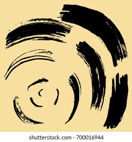 Black brush stroke in the form of a circle. Drawing created in ink sketch handmade technique. Black and white.