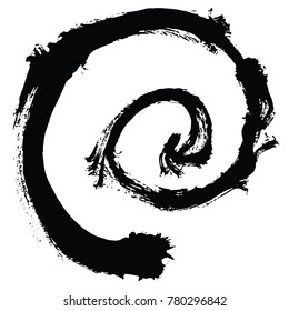 Black brush stroke in the form of a circle. Drawing created in ink sketch handmade technique. Black and white.