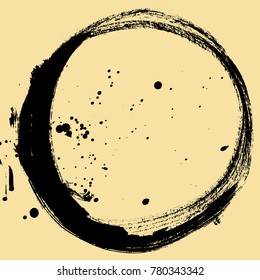 Black brush stroke in the form of a circle. Drawing created in ink sketch handmade technique. Black and white.