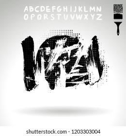 Black brush stroke and handwritten alphabet. Grunge vector abstract hand - painted element. Underline and border design.