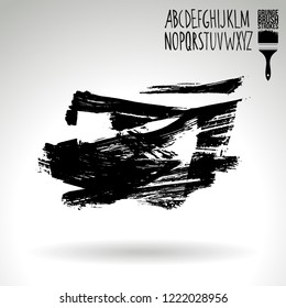 Black brush stroke and handwritten alphabet. Grunge vector abstract hand - painted element. Underline and border design.