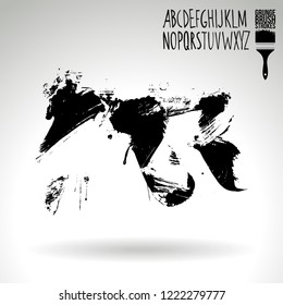 Black brush stroke and handwritten alphabet. Grunge vector abstract hand - painted element. Underline and border design.