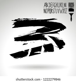 Black brush stroke and handwritten alphabet. Grunge vector abstract hand - painted element. Underline and border design.