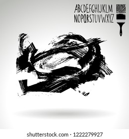 Black brush stroke and handwritten alphabet. Grunge vector abstract hand - painted element. Underline and border design.