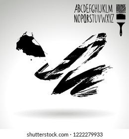 Black brush stroke and handwritten alphabet. Grunge vector abstract hand - painted element. Underline and border design.