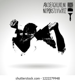 Black brush stroke and handwritten alphabet. Grunge vector abstract hand - painted element. Underline and border design.