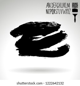 Black brush stroke and handwritten alphabet. Grunge vector abstract hand - painted element. Underline and border design.