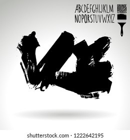 Black brush stroke and handwritten alphabet. Grunge vector abstract hand - painted element. Underline and border design.