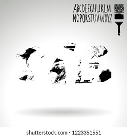 Black brush stroke and handwritten alphabet. Grunge vector abstract hand - painted element. Underline and border design.
