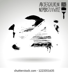Black brush stroke and handwritten alphabet. Grunge vector abstract hand - painted element. Underline and border design.