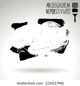 Black brush stroke and handwritten alphabet. Grunge vector abstract hand - painted element. Underline and border design.