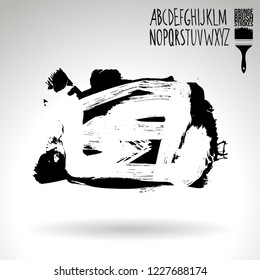 Black brush stroke and handwritten alphabet. Grunge vector abstract hand - painted element. Underline and border design.