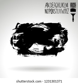Black brush stroke and handwritten alphabet. Grunge vector abstract hand - painted element. Underline and border design.