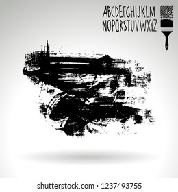 Black brush stroke and handwritten alphabet. Grunge vector abstract hand - painted element. Underline and border design.