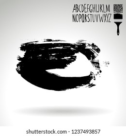Black brush stroke and handwritten alphabet. Grunge vector abstract hand - painted element. Underline and border design.