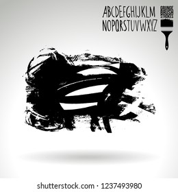 Black brush stroke and handwritten alphabet. Grunge vector abstract hand - painted element. Underline and border design.