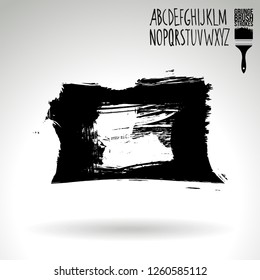 Black brush stroke and handwritten alphabet. Grunge vector abstract hand - painted element. Underline and border design.