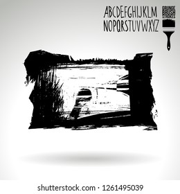 Black brush stroke and handwritten alphabet. Grunge vector abstract hand - painted element. Underline and border design.
