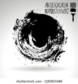 Black brush stroke and handwritten alphabet. Grunge vector abstract hand - painted element. Underline and border design.