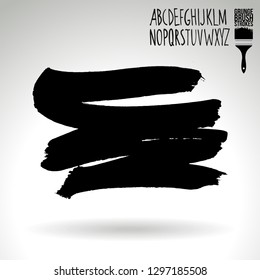 Black brush stroke and handwritten alphabet. Grunge vector abstract hand - painted element. Underline and border design.