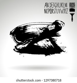 Black brush stroke and handwritten alphabet. Grunge vector abstract hand - painted element. Underline and border design.