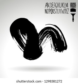 Black brush stroke and handwritten alphabet. Grunge vector abstract hand - painted element. Underline and border design.