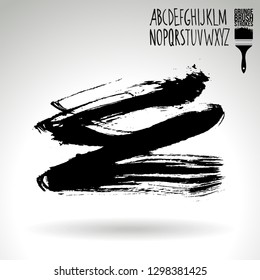 Black brush stroke and handwritten alphabet. Grunge vector abstract hand - painted element. Underline and border design.