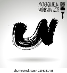 Black brush stroke and handwritten alphabet. Grunge vector abstract hand - painted element. Underline and border design.