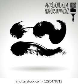 Black brush stroke and handwritten alphabet. Grunge vector abstract hand - painted element. Underline and border design.