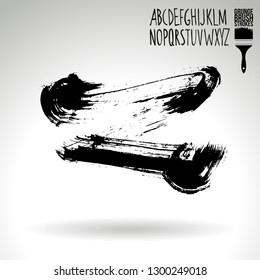 Black brush stroke and handwritten alphabet. Grunge vector abstract hand - painted element. Underline and border design.