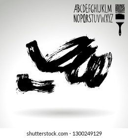 Black brush stroke and handwritten alphabet. Grunge vector abstract hand - painted element. Underline and border design.