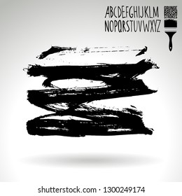 Black brush stroke and handwritten alphabet. Grunge vector abstract hand - painted element. Underline and border design.