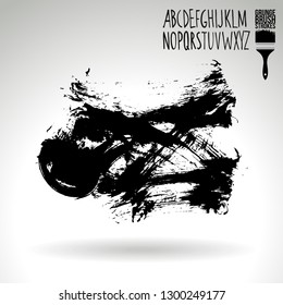 Black brush stroke and handwritten alphabet. Grunge vector abstract hand - painted element. Underline and border design.