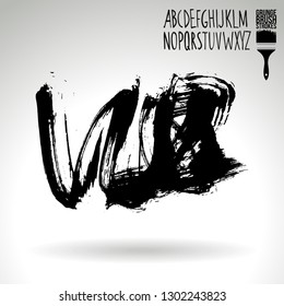 Black brush stroke and handwritten alphabet. Grunge vector abstract hand - painted element. Underline and border design.