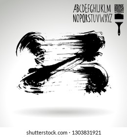 Black brush stroke and handwritten alphabet. Grunge vector abstract hand - painted element. Underline and border design.