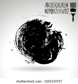 Black brush stroke and handwritten alphabet. Grunge vector abstract hand - painted element. Underline and border design.