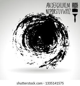 Black brush stroke and handwritten alphabet. Grunge vector abstract hand - painted element. Underline and border design.