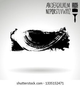 Black brush stroke and handwritten alphabet. Grunge vector abstract hand - painted element. Underline and border design.