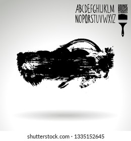 Black brush stroke and handwritten alphabet. Grunge vector abstract hand - painted element. Underline and border design.