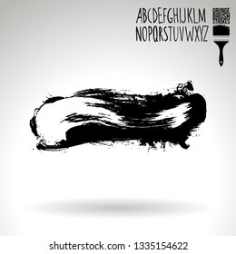 Black brush stroke and handwritten alphabet. Grunge vector abstract hand - painted element. Underline and border design.