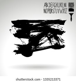 Black brush stroke and handwritten alphabet. Grunge vector abstract hand - painted element. Underline and border design.
