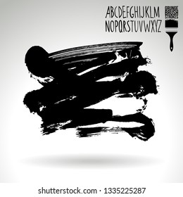 Black brush stroke and handwritten alphabet. Grunge vector abstract hand - painted element. Underline and border design.
