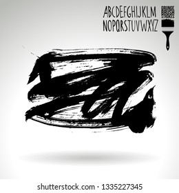 Black brush stroke and handwritten alphabet. Grunge vector abstract hand - painted element. Underline and border design.