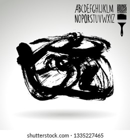 Black brush stroke and handwritten alphabet. Grunge vector abstract hand - painted element. Underline and border design.