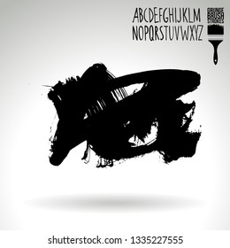 Black brush stroke and handwritten alphabet. Grunge vector abstract hand - painted element. Underline and border design.