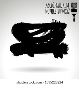 Black brush stroke and handwritten alphabet. Grunge vector abstract hand - painted element. Underline and border design.