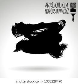 Black brush stroke and handwritten alphabet. Grunge vector abstract hand - painted element. Underline and border design.