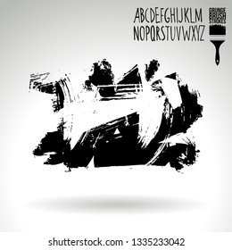 Black brush stroke and handwritten alphabet. Grunge vector abstract hand - painted element. Underline and border design.