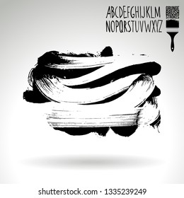 Black brush stroke and handwritten alphabet. Grunge vector abstract hand - painted element. Underline and border design.